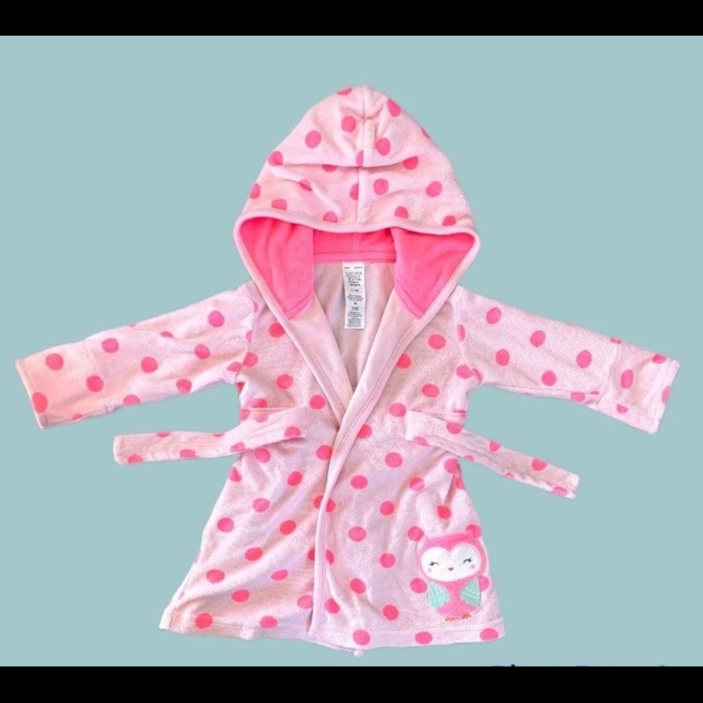 Baby 0-9 pink polka dot bathrobe. Small stain pictured.